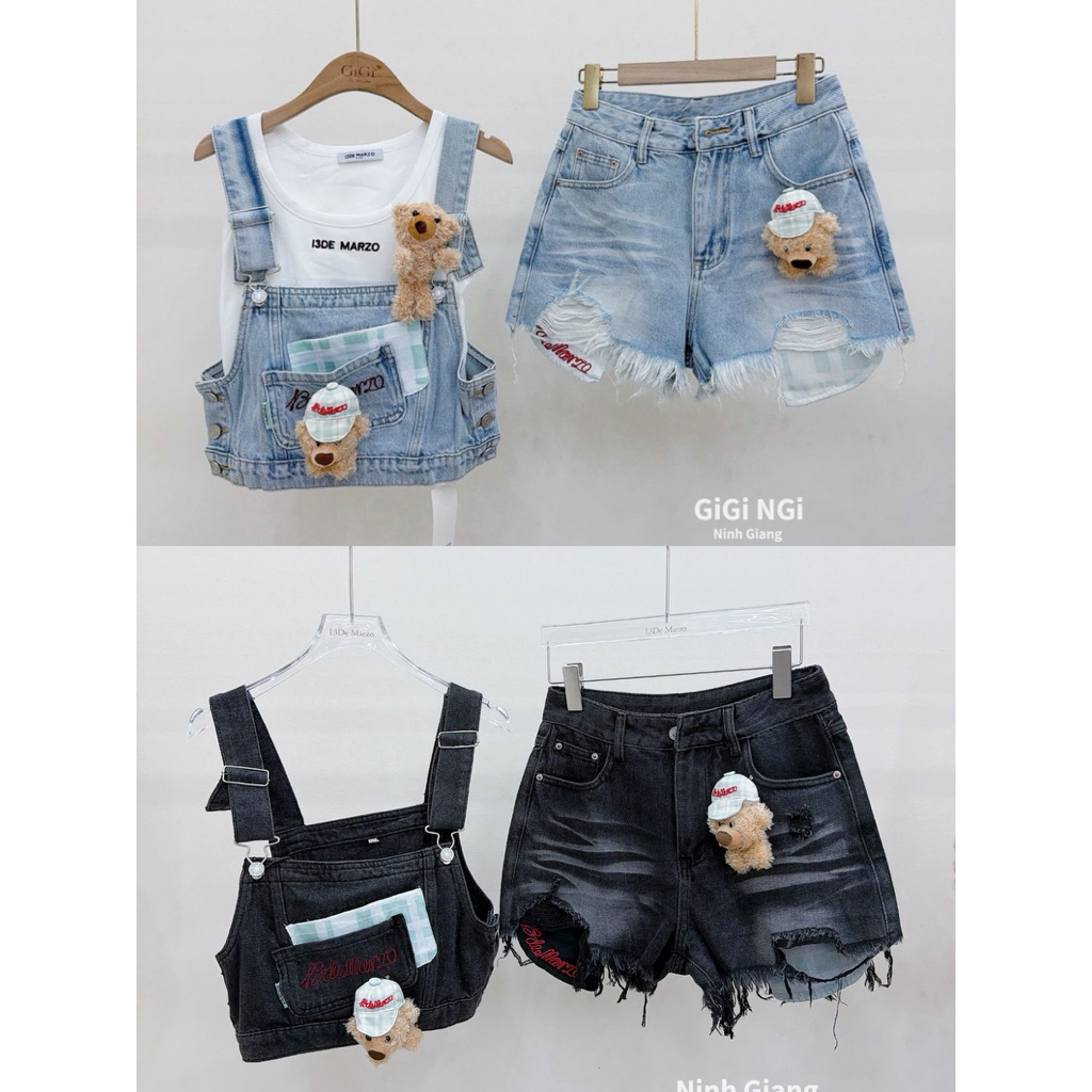 Set áo yếm quần sooc jeans rách 13DMZ đính gấu bông