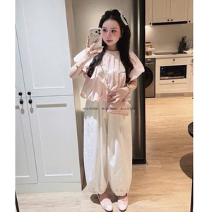 “Mira Set” Set Áo babydoll chấm bi cổ tròn tay bồng dáng bí from rộng kèm quần dài ống xuông viền bèo style basic dễ mặc