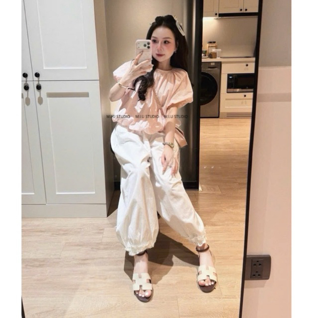 “Mira Set” Set Áo babydoll chấm bi cổ tròn tay bồng dáng bí from rộng kèm quần dài ống xuông viền bèo style basic dễ mặc