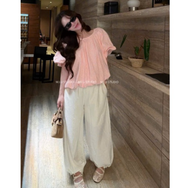 “Mira Set” Set Áo babydoll chấm bi cổ tròn tay bồng dáng bí from rộng kèm quần dài ống xuông viền bèo style basic dễ mặc