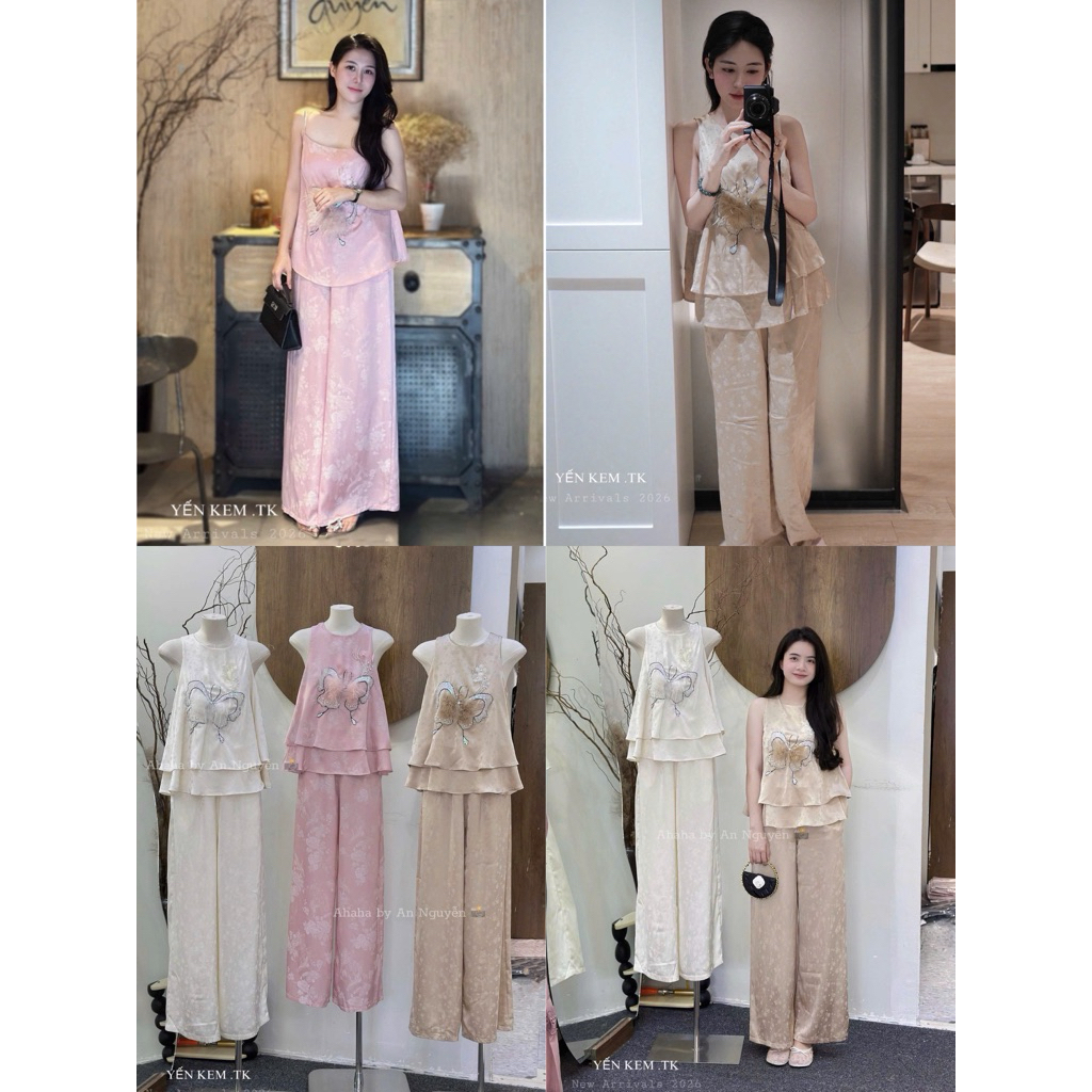 Set áo lụa bứm kết kim sa lông vũ quần suông Thảo Hàn