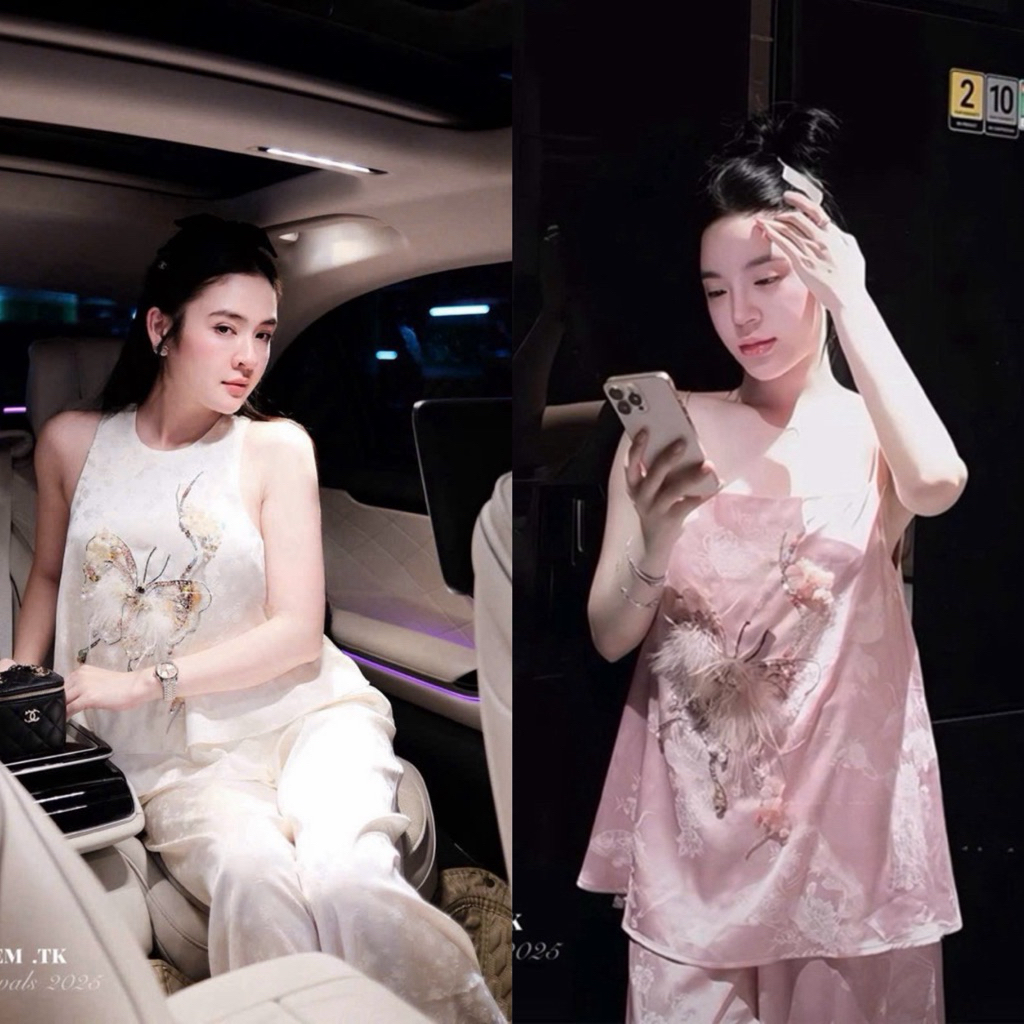 Set áo lụa bứm kết kim sa lông vũ quần suông Thảo Hàn