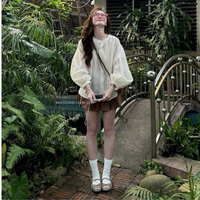 “Riona Set “ Set Áo ren boi cổ tròn tay bồng from rộng kèm chân váy xếp ly dáng ngắn ulzzang trẻ trung dễ phối đồ