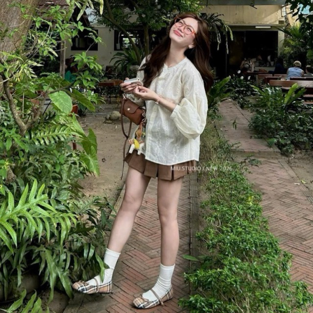“Riona Set “ Set Áo ren boi cổ tròn tay bồng from rộng kèm chân váy xếp ly dáng ngắn ulzzang trẻ trung dễ phối đồ