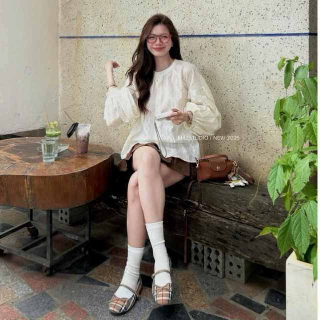“Riona Set “ Set Áo ren boi cổ tròn tay bồng from rộng kèm chân váy xếp ly dáng ngắn ulzzang trẻ trung dễ phối đồ