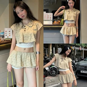 Set 3 món áo croptop form ngắn phối áo 2 dây ren mềm mix chân váy ngắn có lót đùi vải chính trẻ trung xinh đẹp