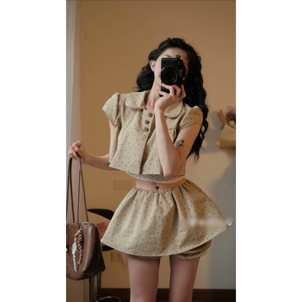 Set 3 món áo croptop form ngắn phối áo 2 dây ren mềm mix chân váy ngắn có lót đùi vải chính trẻ trung xinh đẹp