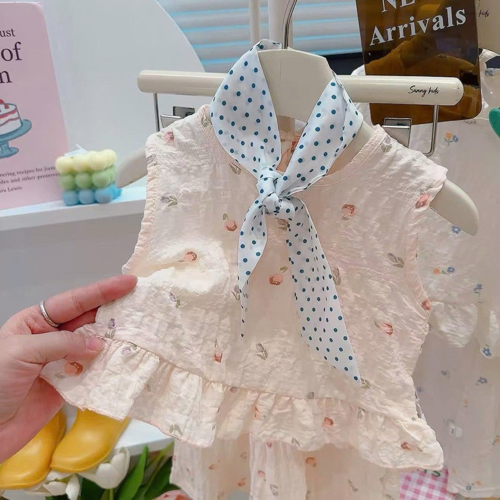 (Order) Bộ quần áo sát nách ống xuông rộng vải nhăn nhẹ mát mùa hè hoạ tiết dành cho bé gái