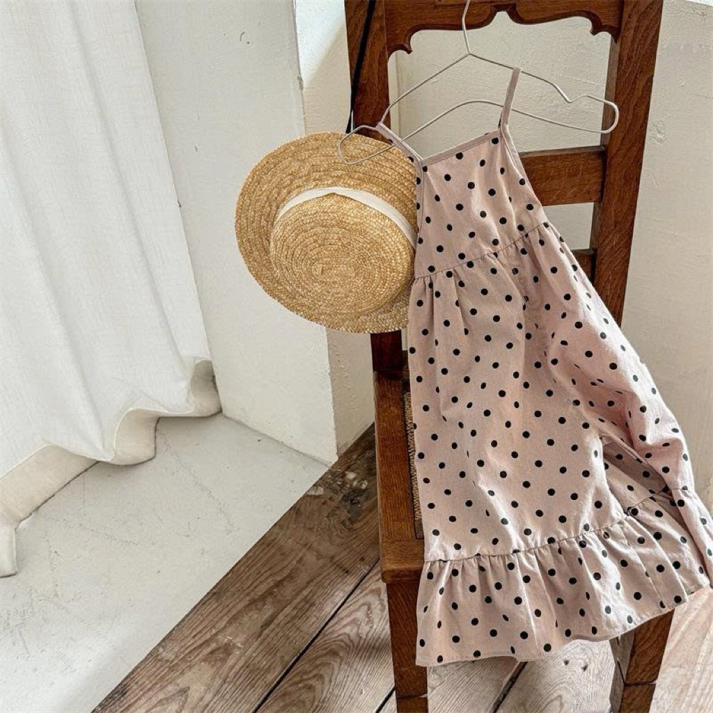 (Order) Jumpsuit dáng dài ống xoè rộng chấm bi hở lưng dây đang phù hợp đi biển mùa hè cho bé gái