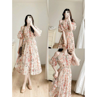 Đầm thời trang nữ mặc đi chơi chất voan hoa chifon hai lớp cổ yếm hở vai tay búp chiết eo váy maix xoè phong cách
