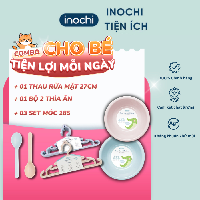 [COMBO CHO BÉ] Combo 5 món INOCHI 1 thau 27cm, 1 bộ 2 thìa ăn và 3 set móc 185 tiện dụng cần thiết mẹ nên sắm cho bé