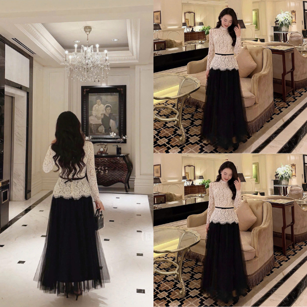 ZIMM STORE-Áo ren trắng phối ren mi cao cấp kết hợp chân váy lưới đen xinh