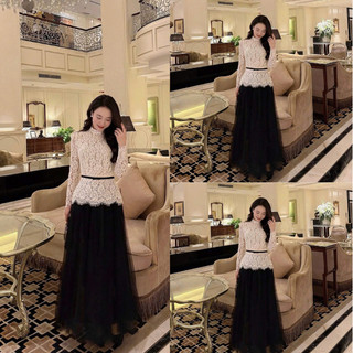 Set bộ đi tiệc áo ren dài tay phối chân váy xòe đen thướt tha