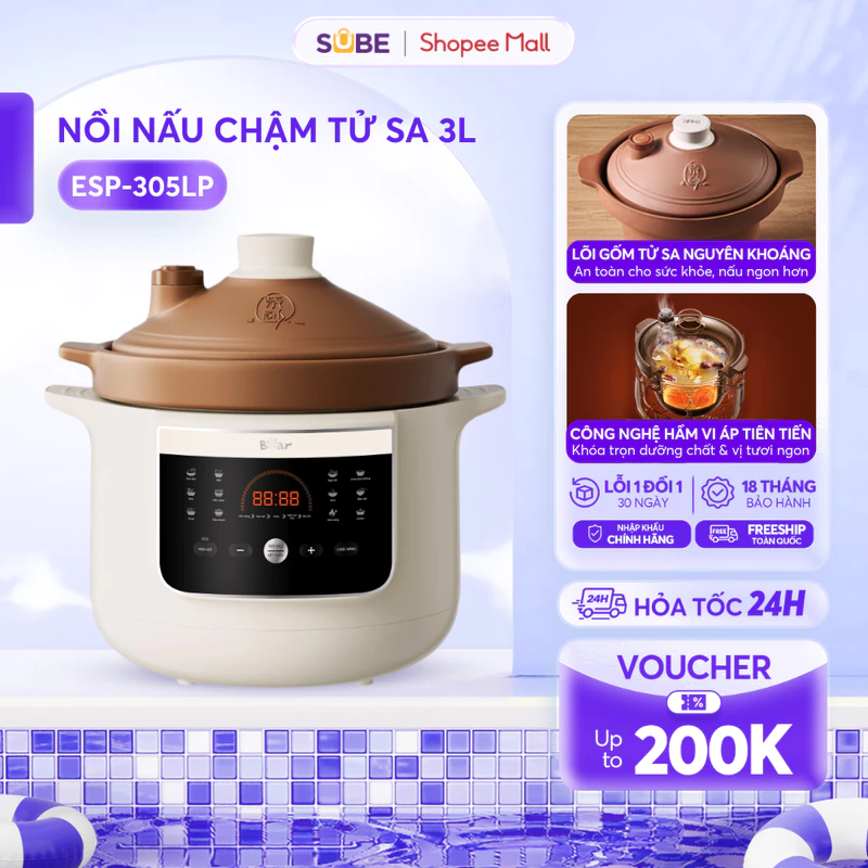 Nồi Kho Hầm Chậm BEAR 3L, Nồi Nấu Chậm Lòng Gốm Tử Sa Nguyên Khoáng Đa Năng Kho Hầm Ninh Nấu Soup Nấu Chè ESP-305LP — ảnh 1