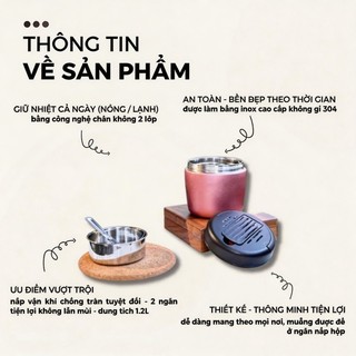 Cặp lồng giữ nhiệt, hộp đựng cơm trưa chất liệu Inox304 cao cấp, dung tích 1,2L,