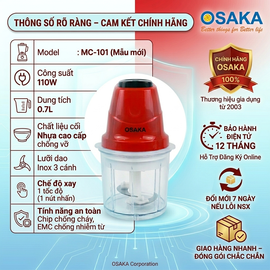 Máy Xay Thịt Mini OSAKA MC-101 Dung Tích 0.7L Công Suất 200W - Cối Nhựa Chống Vỡ