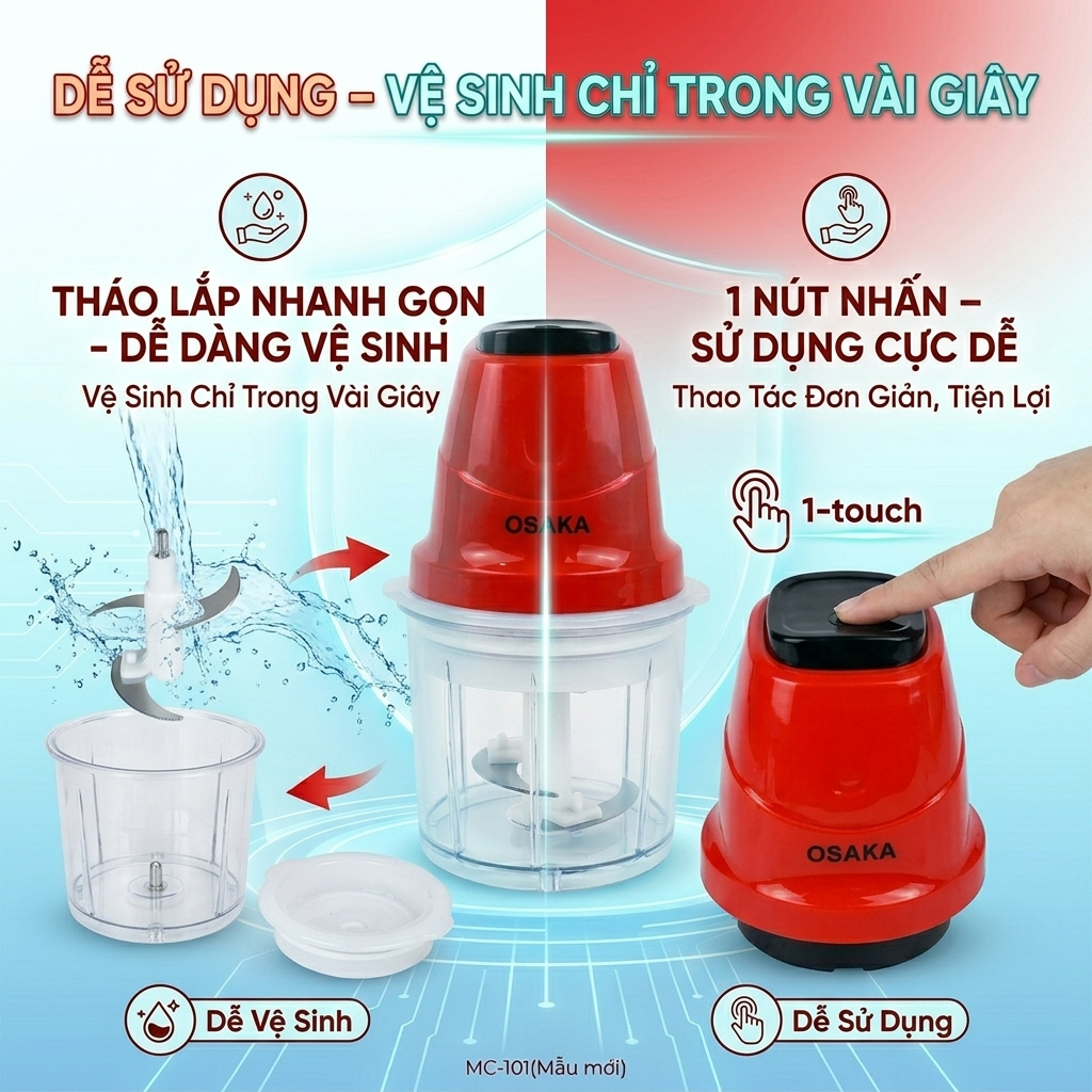Máy Xay Thịt Mini OSAKA MC-101 Dung Tích 0.7L Công Suất 200W - Cối Nhựa Chống Vỡ