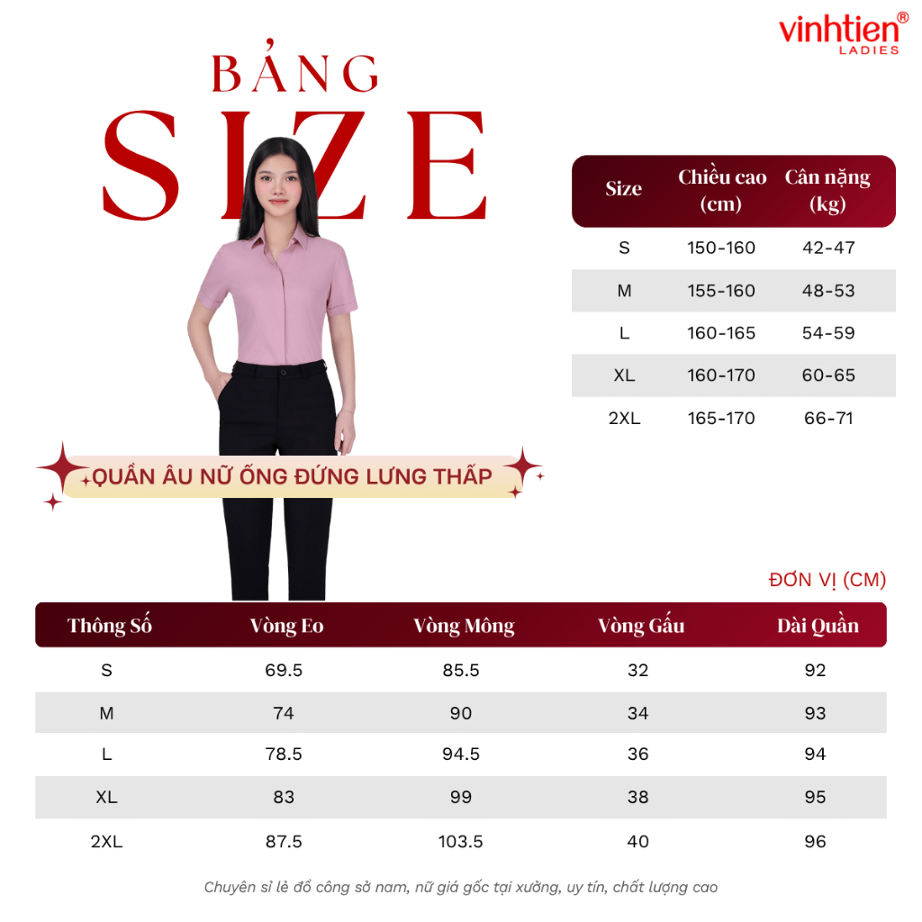 Quần âu nữ ống đứng lưng thấp Vĩnh Tiến , GTB 675, chất liệu vải mềm mịn thoáng mát đứng form.