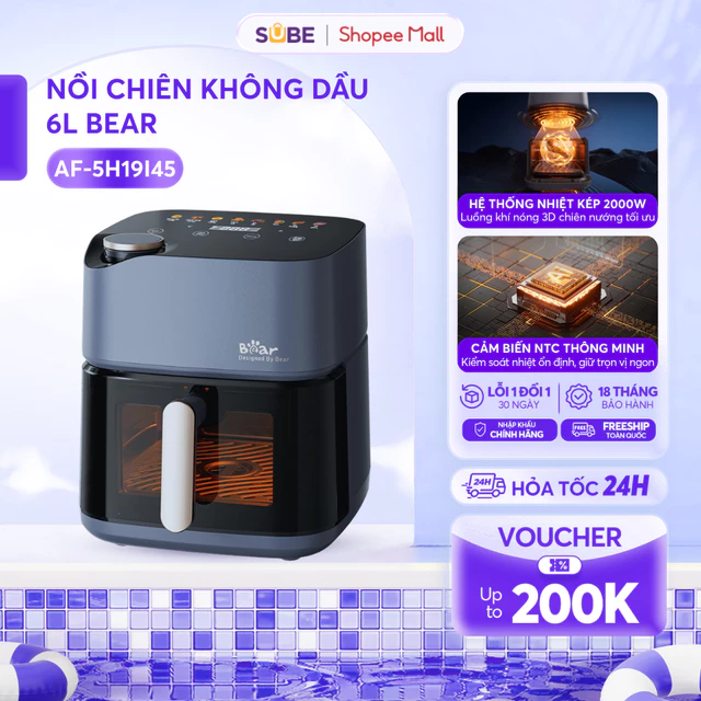 Nồi Chiên Không Dầu BEAR 6L, Nồi Chiên Hơi Nước Lò Chiên Không Dầu Chiên Nướng Hấp Đa Năng Không Dầu Mỡ 2000W AF-5H19I45