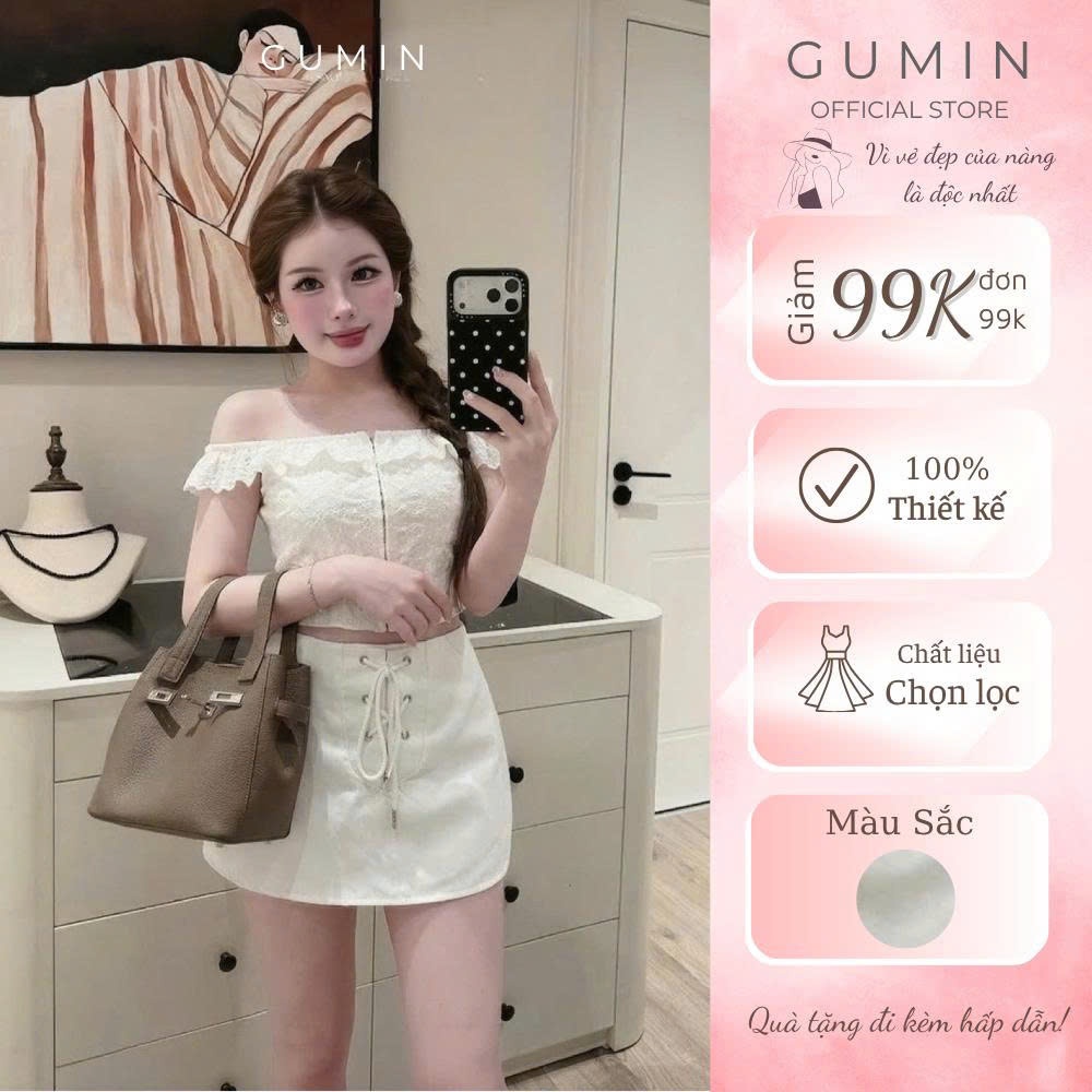 Set áo váy trễ vai GUMIN thiết kế áo thô boi ren khoá và chân váy ngắn đan dây thanh lịch sang trọng