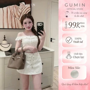 Set áo váy trễ vai GUMIN thiết kế áo thô boi ren khoá và chân váy ngắn đan dây thanh lịch sang trọng