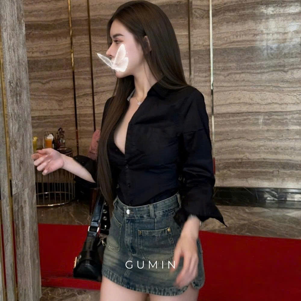 Áo sơ mi nữ công sở GUMIN thiết kế áo dáng ôm cổ bẻ tôn dáng, Áo sơ mi kiểu nữ sang chảnh cao cấp