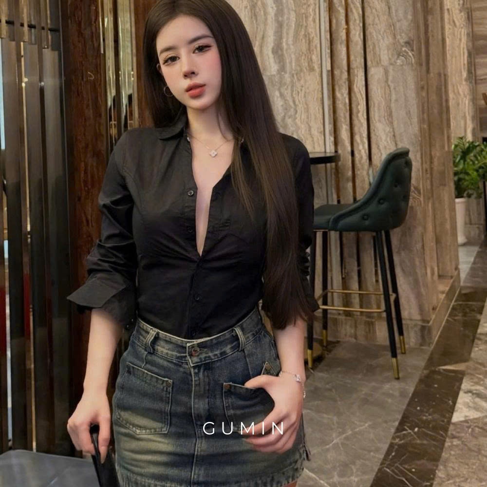 Áo sơ mi nữ công sở GUMIN thiết kế áo dáng ôm cổ bẻ tôn dáng, Áo sơ mi kiểu nữ sang chảnh cao cấp