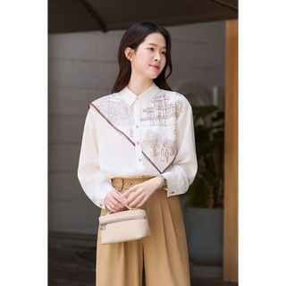 Áo Kiểu Nữ Sơ Mi Lụa Công Sở LAMER FASHION Dài Tay Cổ Đức Phủ Khăn Liền In Họa Tiết Thiết Kế L61H26Q009
