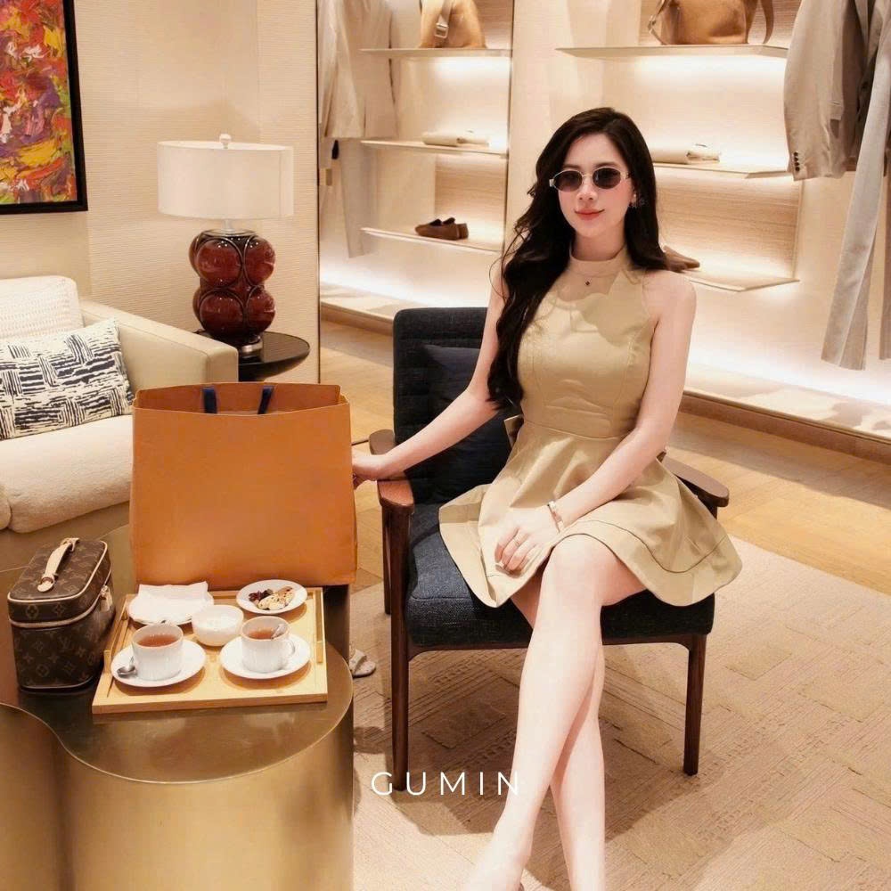 Đầm be cổ yếm GUMIN thiết kế áo nơ lưng dáng xoè ngắn tiểu thư, Váy dự tiệc nữ sang chảnh thanh lịch