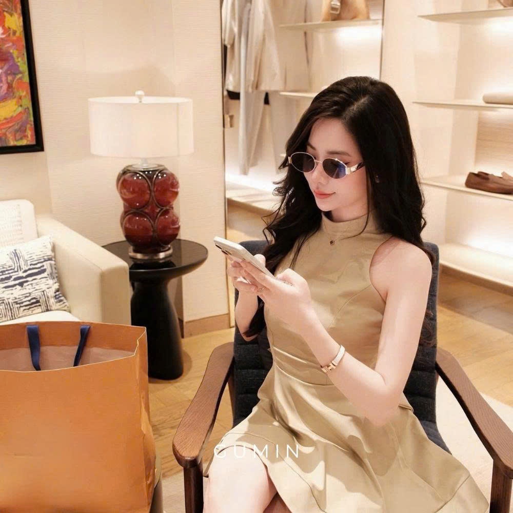 Đầm be cổ yếm GUMIN thiết kế áo nơ lưng dáng xoè ngắn tiểu thư, Váy dự tiệc nữ sang chảnh thanh lịch