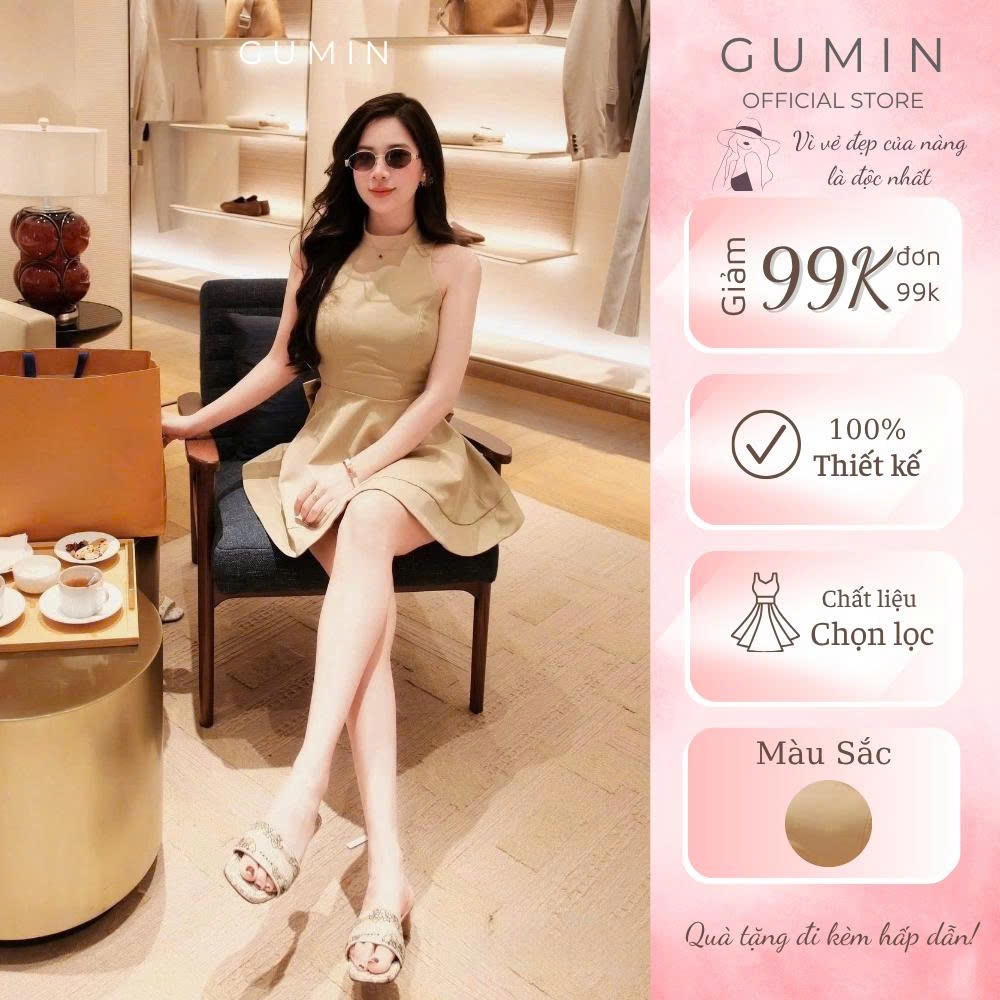 Đầm be cổ yếm GUMIN thiết kế áo nơ lưng dáng xoè ngắn tiểu thư, Váy dự tiệc nữ sang chảnh thanh lịch