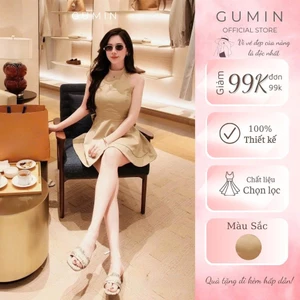 Đầm be cổ yếm GUMIN thiết kế áo nơ lưng dáng xoè ngắn tiểu thư, Váy dự tiệc nữ sang chảnh thanh lịch
