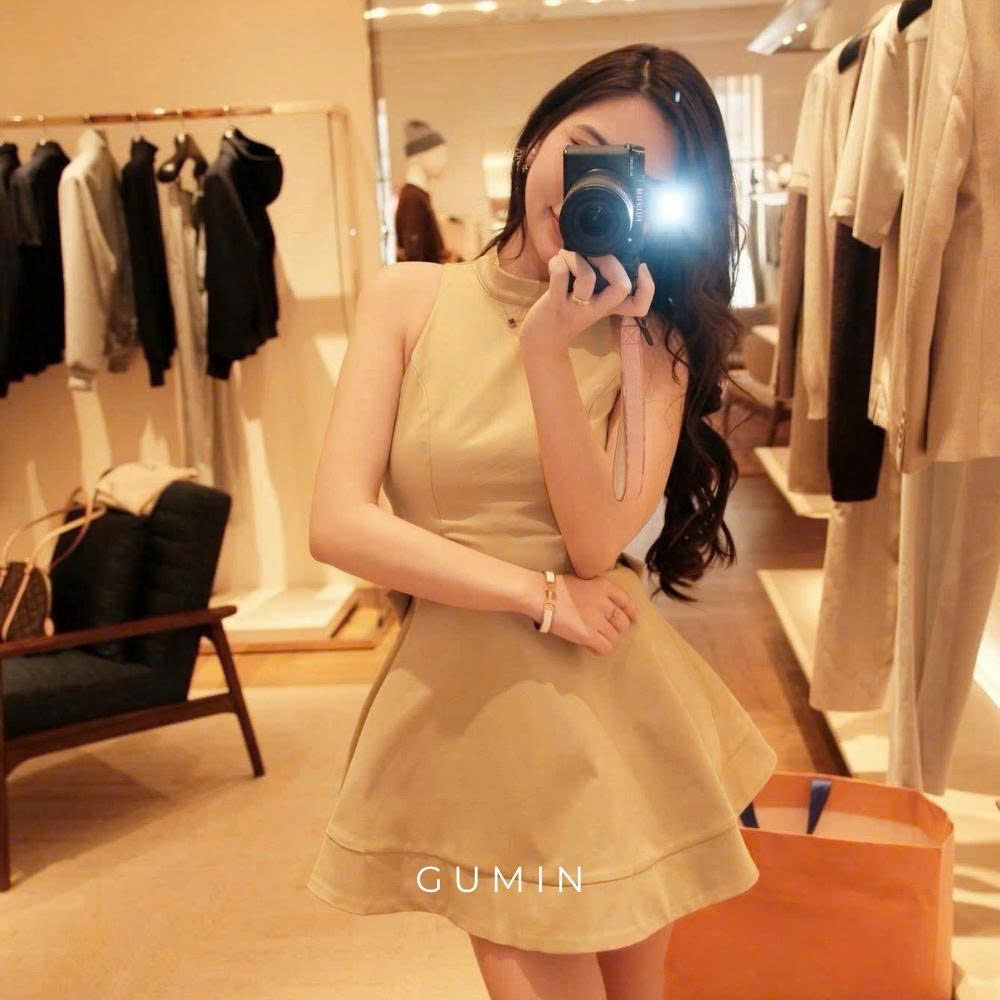 Đầm be cổ yếm GUMIN thiết kế áo nơ lưng dáng xoè ngắn tiểu thư, Váy dự tiệc nữ sang chảnh thanh lịch