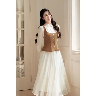 Áo Sơ Mi LAMER Phối Giả Gile Dáng Ôm Phối Chân Váy Xòe Phủ Lưới Trắng Kem L61H25Q001, N62L25Q019