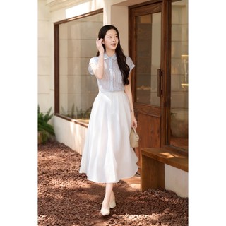 Chân Váy Công Sở LAMER FASHION Dáng Dài Xoè Cạp Chun Màu Trắng Có Túi Xếp Ly 2 Lớp V62L25Q013 O62L26Q008