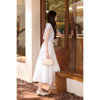 Chân Váy Công Sở LAMER FASHION Dáng Dài Xoè Cạp Chun Màu Trắng Có Túi Xếp Ly 2 Lớp V62L25Q013 O62L26Q008