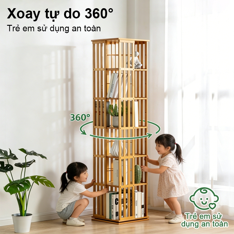 Tủ Kệ Sách Bằng Tre Tự Nhiên  Thiết Kế Tối Giản Chất Liệu Tự Nhiên Xoay 360° Kệ Đa Năng Để Sách