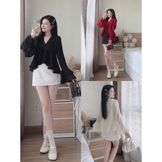 ZIMM STORE-Áo kiểu bánh bèo trắng kem mặc cùng chân váy mini chấm bi đen