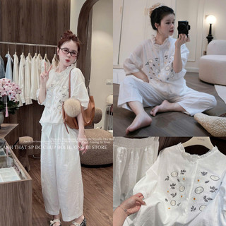 MIMI CLOTHING -Bộ Đồ Nữ Áo Trắng Thêu Hoa Phong Cách Tiểu Thư Hàn Quốc