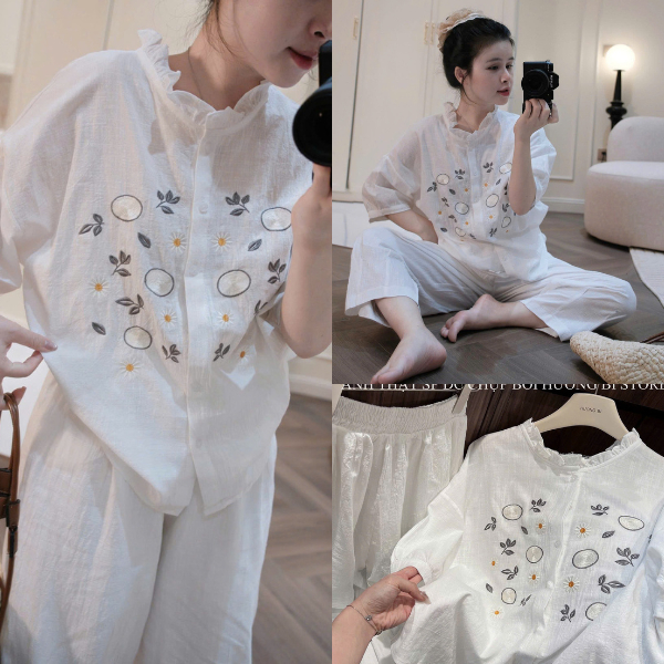 ZIMM STORE-Bộ đũi trắng thêu hoa nhí thanh lịch áo form rộng thoải mái phối quần dài