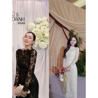 Set ren cổ thuyền hai lớp  trắng đen chất ren hoa cúc sang trọng