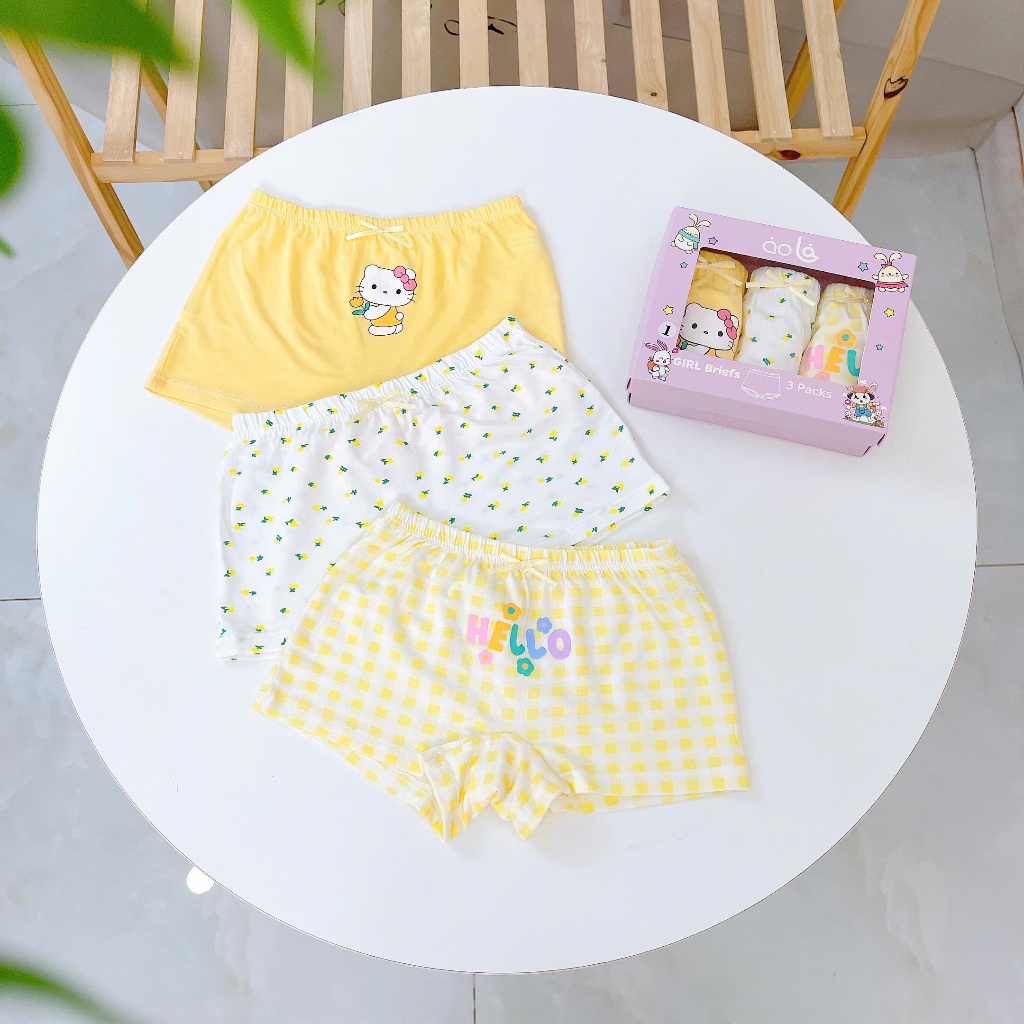 Quần lót bé gái 95% Modal sợi Sồi Lá Homewear A392, set 3 quần chip bé gái kitty caro dễ thương