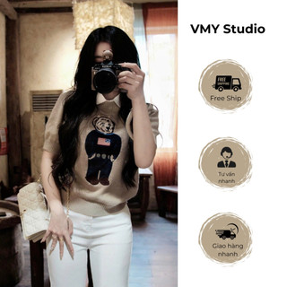 VMY Studio - Áo len tay ngắn thêu gấu cao cấp mềm mại trẻ trung, áo tay ngắn thêu gấu QCCC nữ