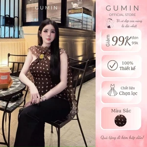 Áo yếm chấm bi nâu GUMIN thiết kế áo cổ tà đính ngực tiểu thư, Áo yếm kiểu nữ thanh lịch sang trọng