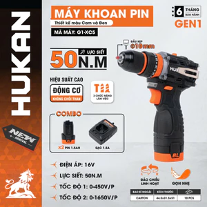 Bộ máy khoan pin HUKAN G1-XC5, Lưc siết 50Nm đầu 10mm Autolock - 2pin - Không chổi than, 3 Chức năng