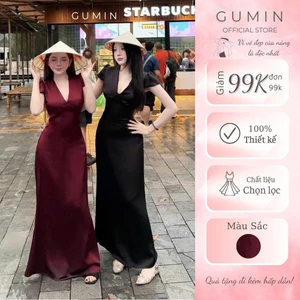 Đầm maxi lụa GUMIN thiết kế cổ V dáng dài tiểu thư, Váy dự tiệc nữ sang chảnh thanh lịch cao cấp