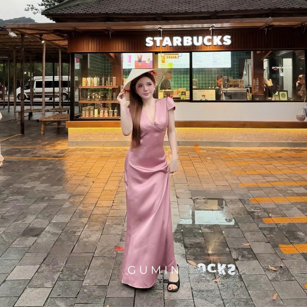 Đầm maxi lụa GUMIN thiết kế cổ V dáng dài tiểu thư, Váy dự tiệc nữ sang chảnh thanh lịch cao cấp