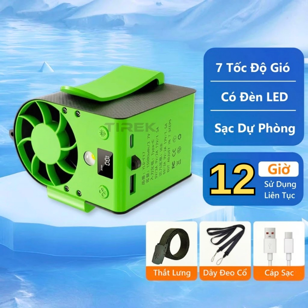 Quạt mini đeo thắt lưng, quạt đeo cổ tích điện Tirek F13 F17 pin dung lượng cao 15000mAh,BH 12 tháng
