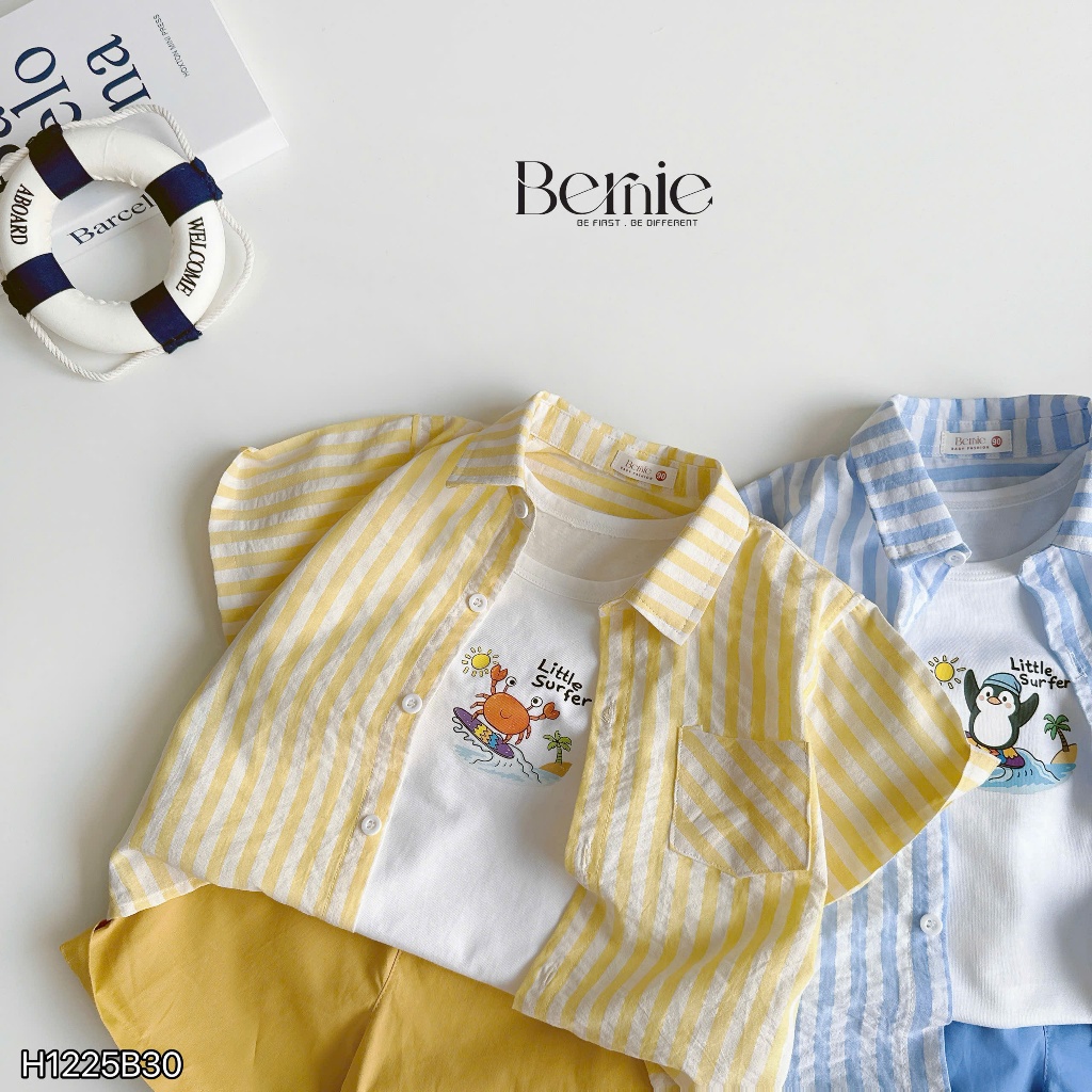 Set sơ mi 3 chi tiết (áo sơ mi, ba lỗ quần), bộ sơ mi đi học đi chơi bé trai