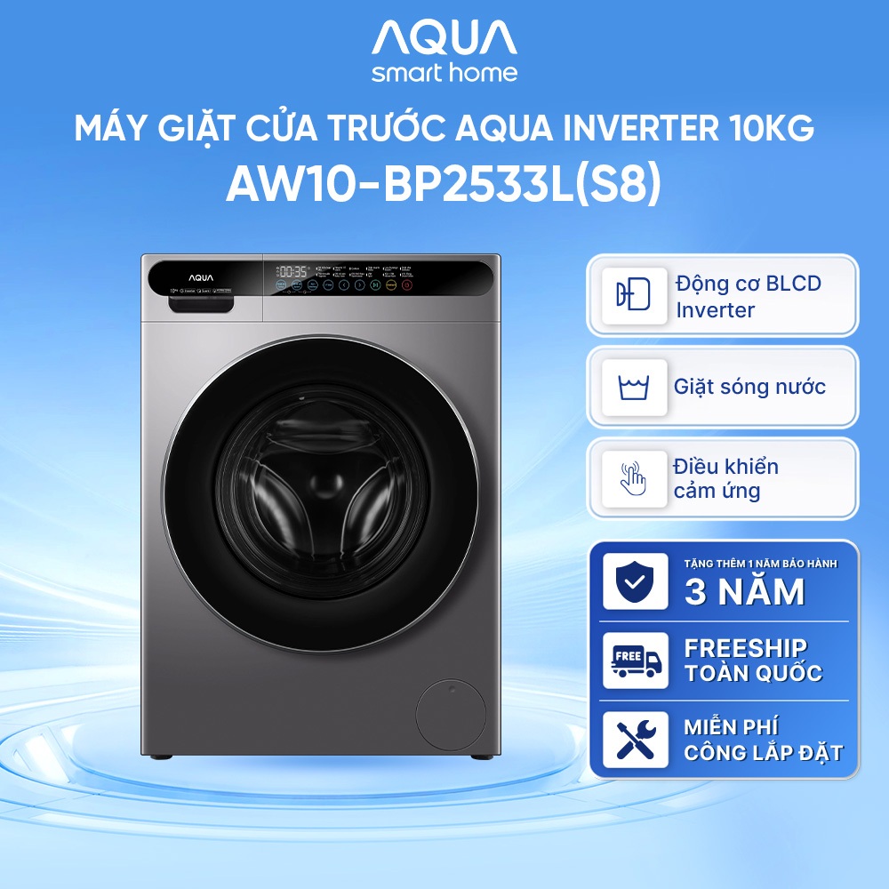 [Võ Hà Linh x AQUA] Máy giặt cửa trước AQUA Inverter 10kg AW10-BP2533L(S8) - Bảo hành 2 năm - Freeship toàn quốc